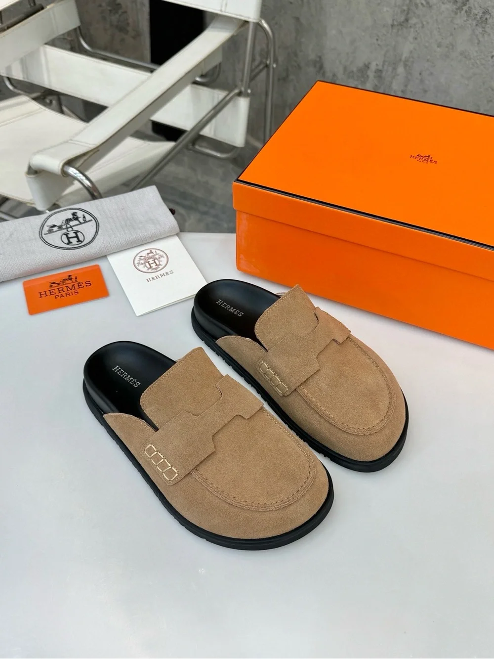 Hermes Men’s Beige Suede Slip-On Loafers with Black Insoles